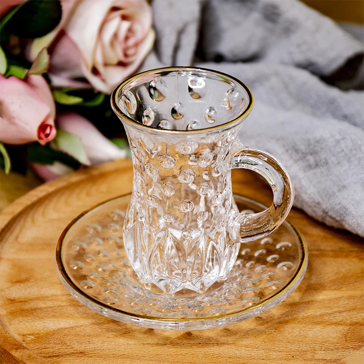 gorgeous vintage style real gold rim 3oz glass tea mug cups with handle and saucer gift set