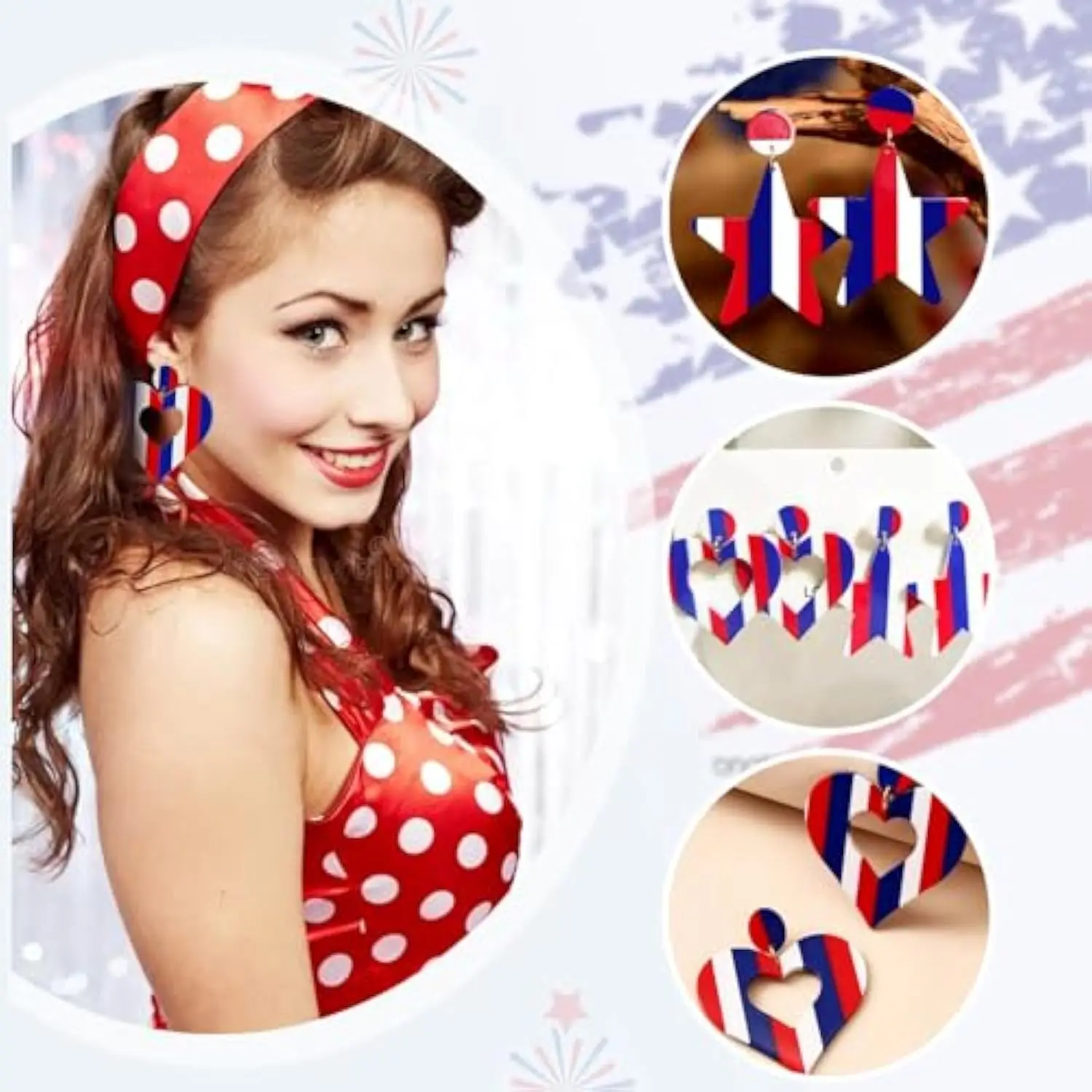 Independence Day Patriotic Red White and Blue Stripe American Flag Earrings Heart Star 4th of July Earrings for Women Gifts