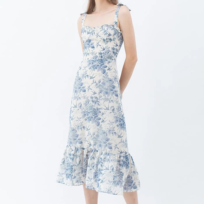 Summer Holiday Blue Elegant Floral Casual Long Sleeveless Backless Print Ladies Midi Dress