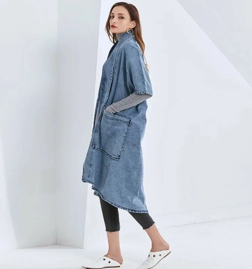 Custom new windbreaker fashionable denim patchwork jacket plus size windbreaker long coat denim jacket