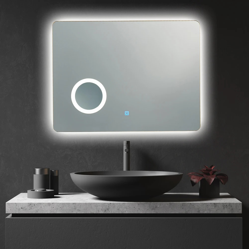 Modern Big LED Mirror With Makeup Magnifier Yellow And White Color Bathroom Anti Fog Film Mirror
