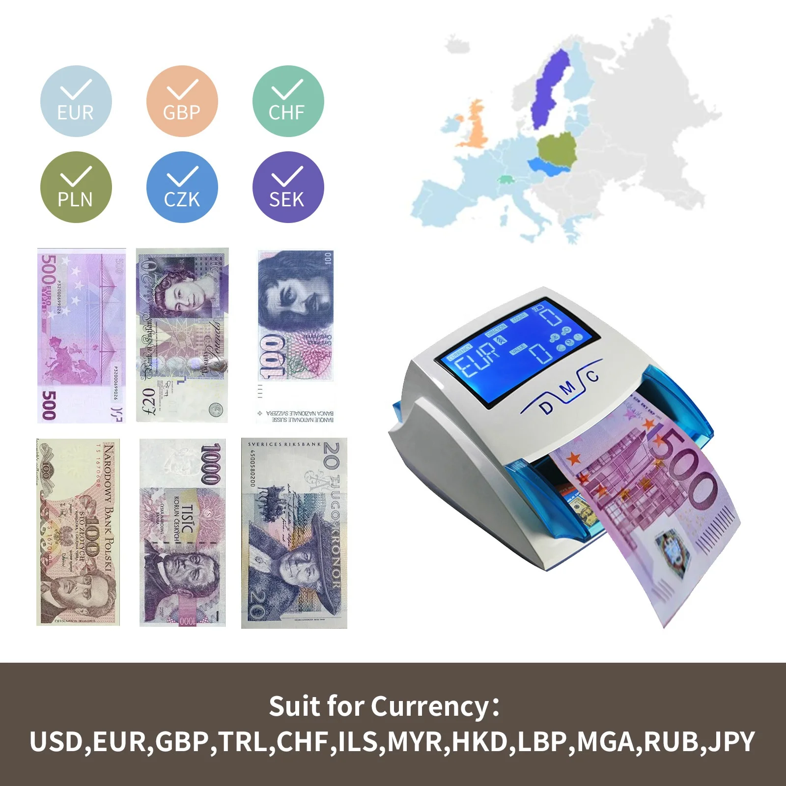 HL-520B EUR USD GBP LBP Mini Handy Banknote UV/MG Detecting Machine Euro Notes Money Bill Cash Detector Ready to Ship
