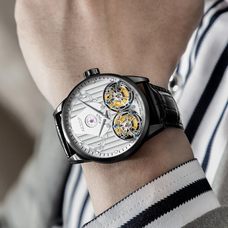 Custom Lower MOQ Full Black Oil Pressure Gear Dial Hand Winding Movement Sapphire Mechanical Double Tourbillon Wristwatch