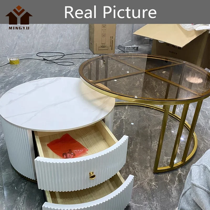 French Style Glass Coffee Table with Gold Frame Modern Innovative Home Goods Metal Frame Leisure Facilities with 2 Drawers