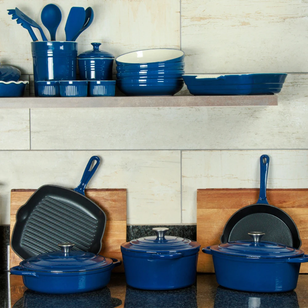 Bright Houseware OEM Custom Hot Selling 24cm Dutch Oven with Lid Non Stick Square Grill Pan Blue Enamel Cast Iron Cookware Set