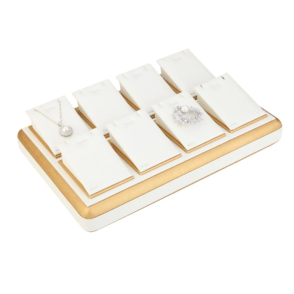 Custom White PU Leather Pendent Necklace Earrings Display Stand Luxury Round Corner Jewelry Display Tray