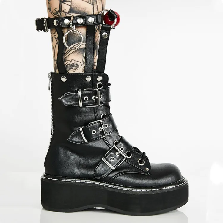 
LM5043 winter buckle with metal decorative fashion boots female leather back zipper rivet platform boots 