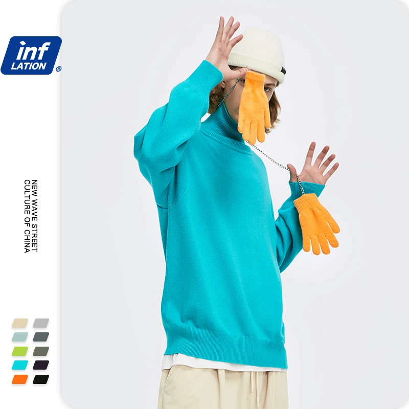 Мужской Однотонный свитер INFLATION теплый вязаный с высоким воротником 2020 FW большого размера