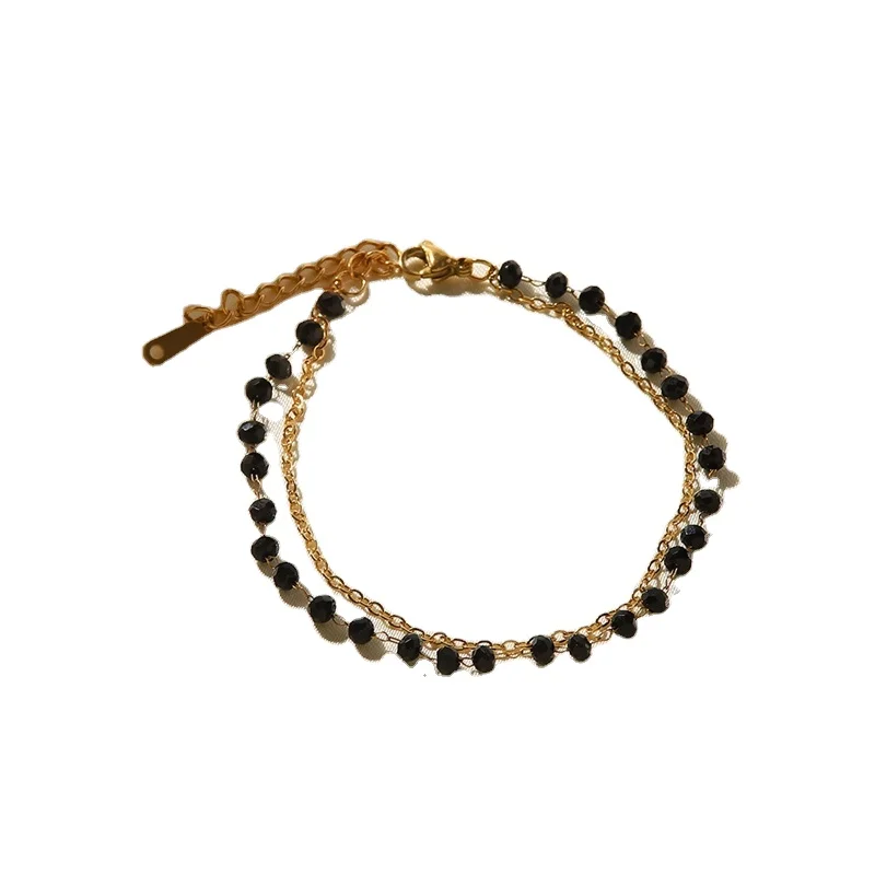 Bohemian Jewelry Set Stainless Steel Black Glass Stone Double Layer Choker Chain Necklace Beads Charm Necklace Bracelet