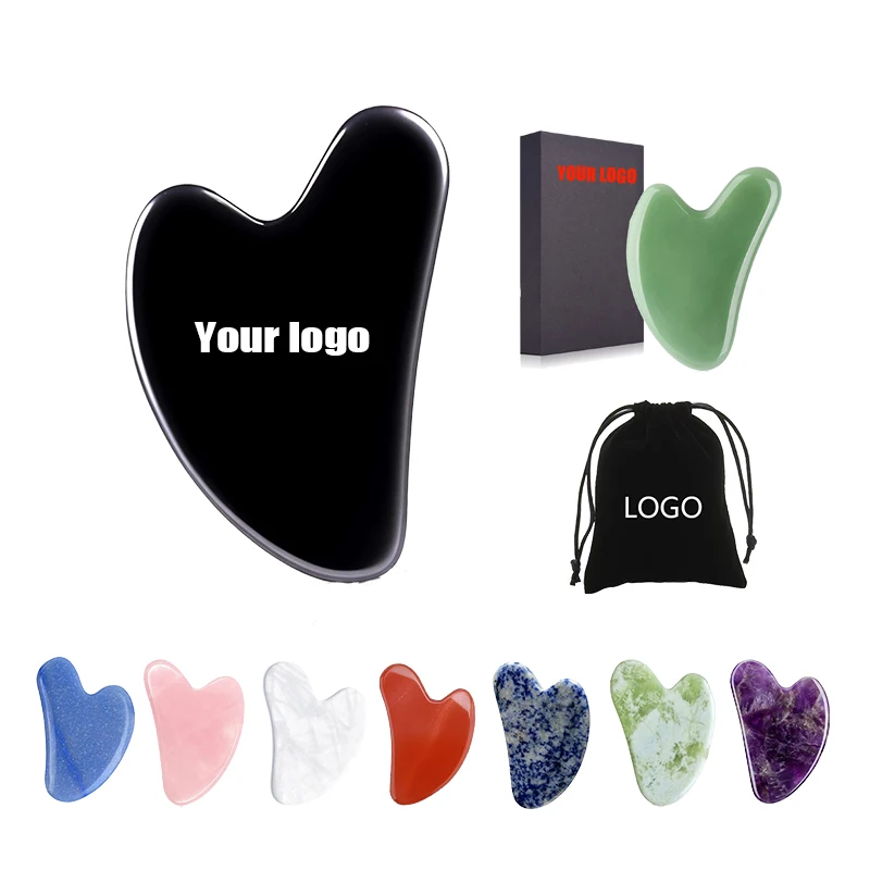 Custom Logo Mixed Colors Jade Gua Sha Stone Heart Shape Black White Pink Green Facial Tool Custom Crystal Jade Beauty Wholesale
