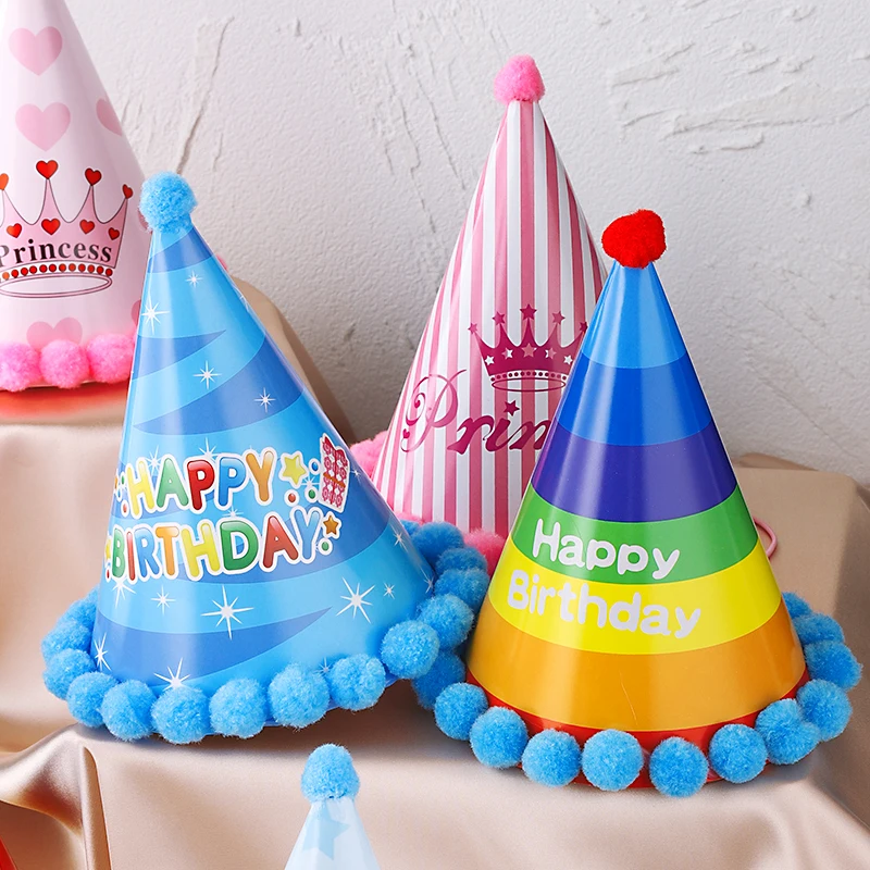 Factory Price Beautiful Children Size Birthday Party Supplier Paper Hat Color birthday hats Polka dot pompom birthday hats