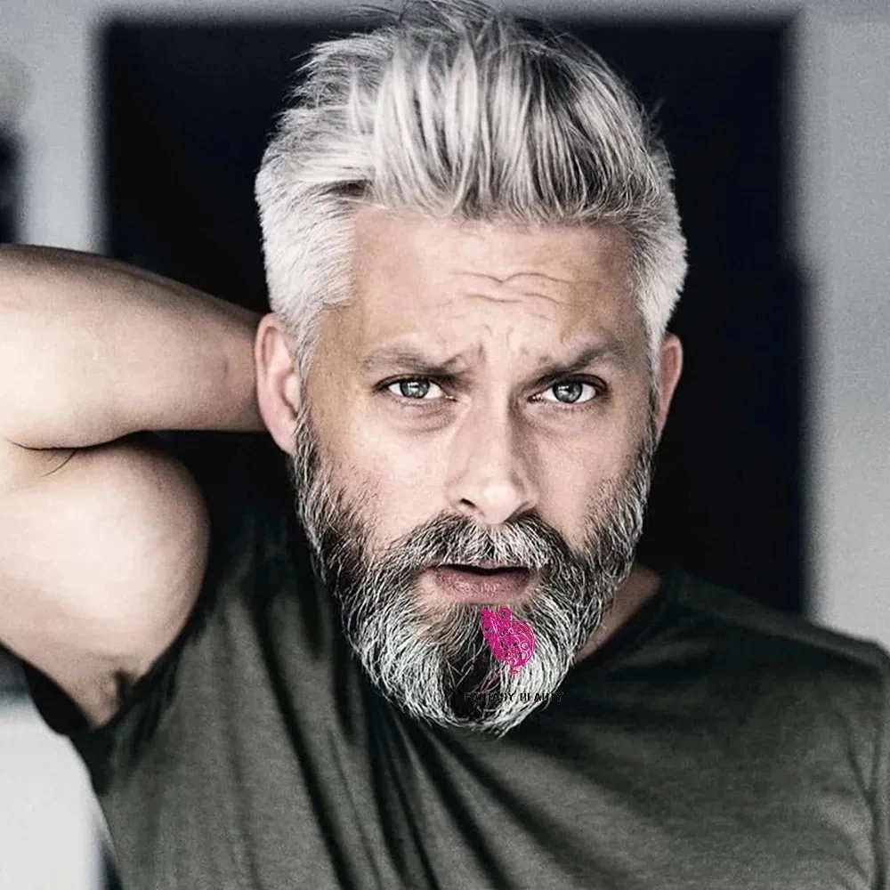 Grey Natural Hairline Human Hair Mens Toupee Thin Skin PU Male Wig V Loop Transparent Unit Prosthesis Hair Capillary Hairpiece