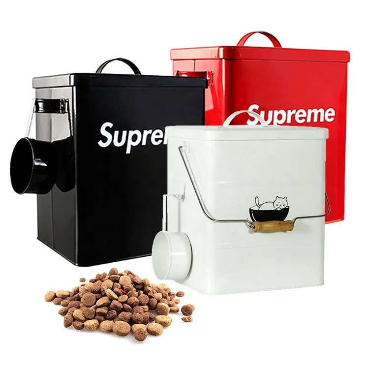 Large Capacity Pet Dry Food Storage Metal Bucket With Scoop Sealing Cover Cat Food Bin Box Dog Food Containers