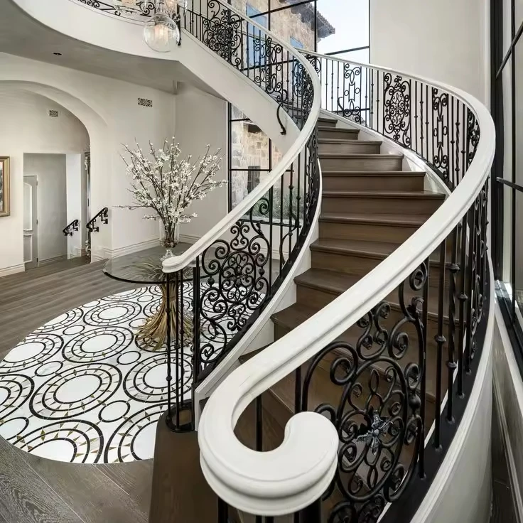 Luxury design curved stair marble/stone tread with wrought iron railing stairs from Foshan factory