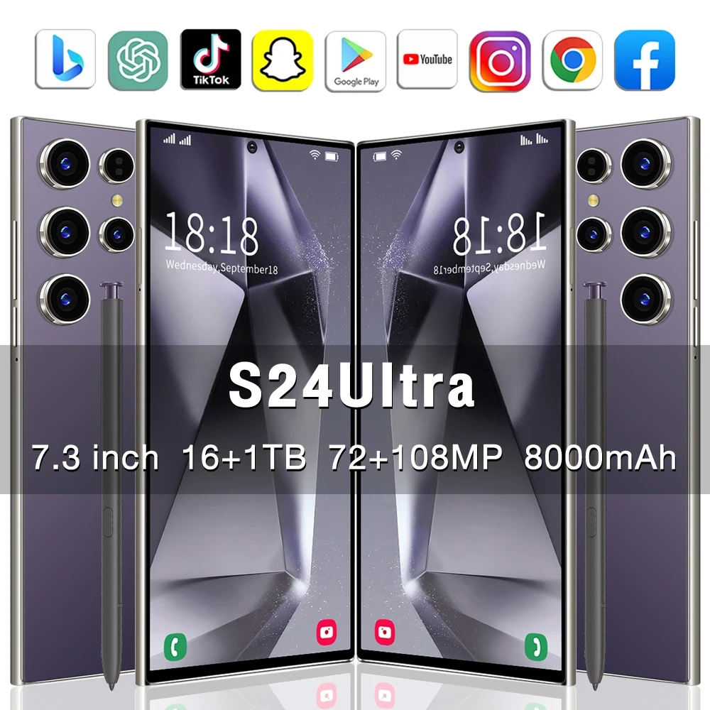 2025 Cyberblue S24 ULTRA 5G 7.3 Inch 108MP Rear Camera Deca Core CPU LED 4K LTE Dual Mobile Phone 16GB+1TB Memory 108MP Rear
