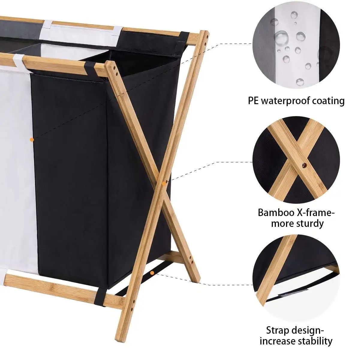 laundry organization and storage Foldable Bamboo 3 section laundry basket 3 compartments Hamper For Dirty Clothes Fabric Bags