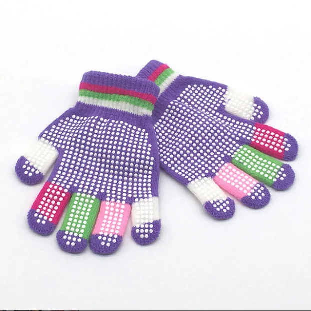 Good quality acrylic knitted doubld pvc dot fashion winter hands magic gloves
