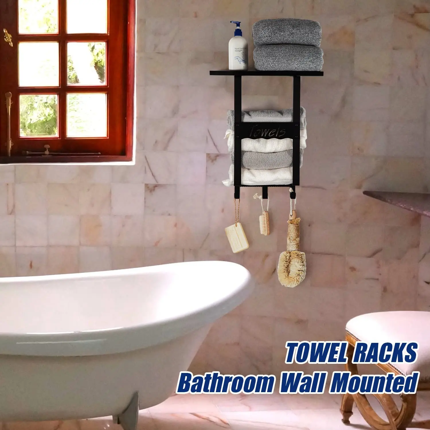 Metal Towel Holder for Bathroom Wall with 3 Hooks and Wooden Shelf - Matte Black Towel Racks for Bathroom