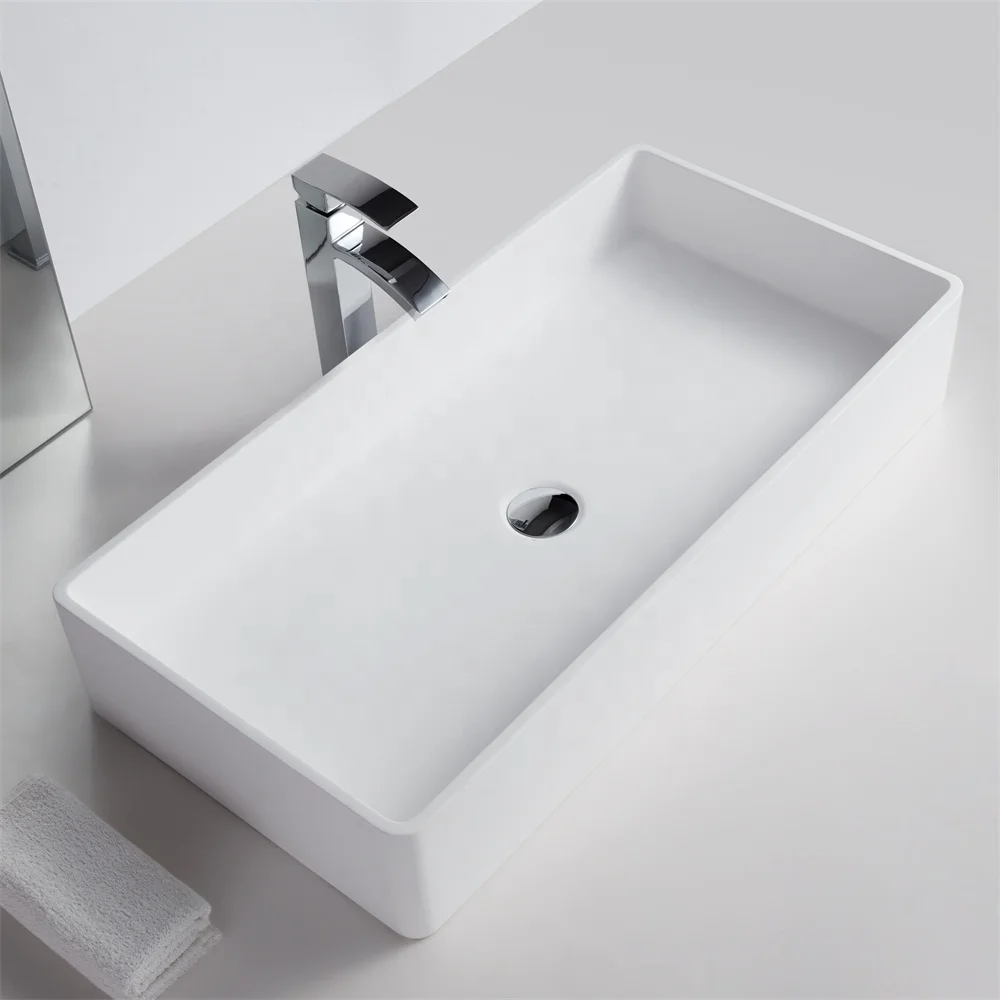 Modern Rectangular Stone Resin Bathroom Sink with Acrylic Solid Surface Hand Wash Polished