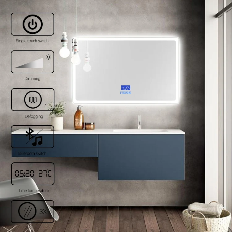 Hotel smart bathroom mirror wall mount led bathroom mirror with clock