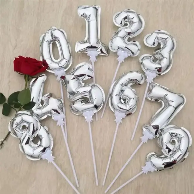 Hot Selling 5inch Self-inflatable Gold Silver Number 0-9  Foil Balloon Cake Stick Decoration Birthday Cake Topper Balloon Stick