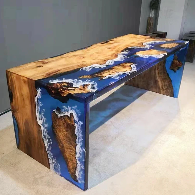 Pterocarpus Erinaceus Poir Wood Clear Blue River Epoxy Resin Top Slab Dining table With Table Leg