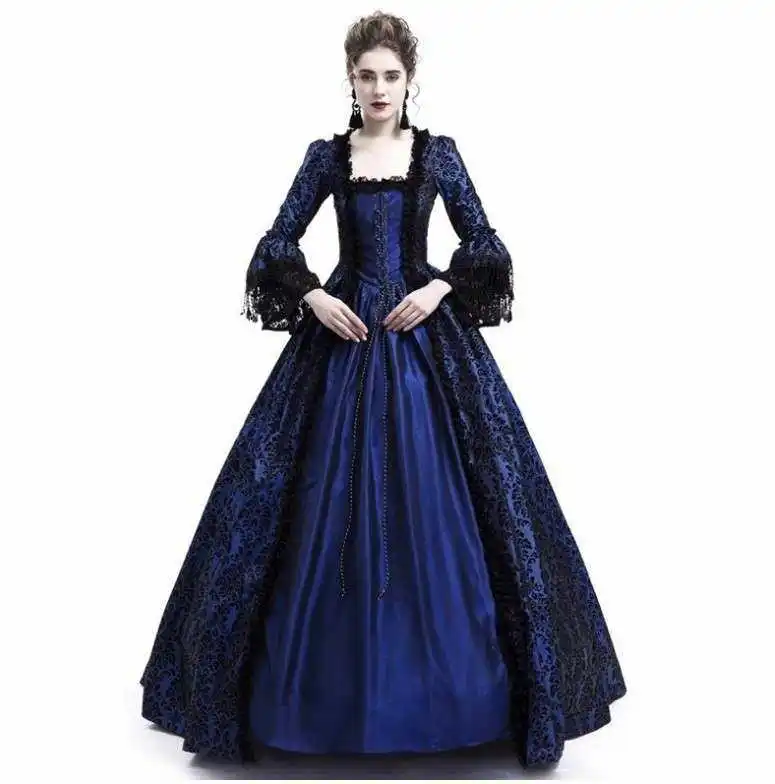 factory christmas party lace stitching flare long sleeve luxury medieval retro court women dress