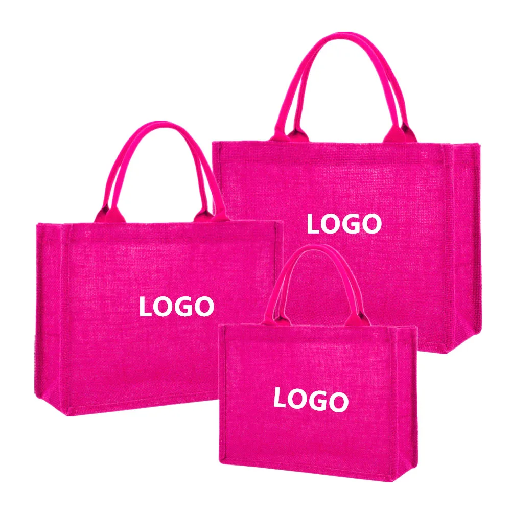 Wholesale Custom Eco Friendly Colorful Pink Hemp Tote Shopping Jute Hand Bags With Logo For Women Wedding Bridesmaid Gift Beach