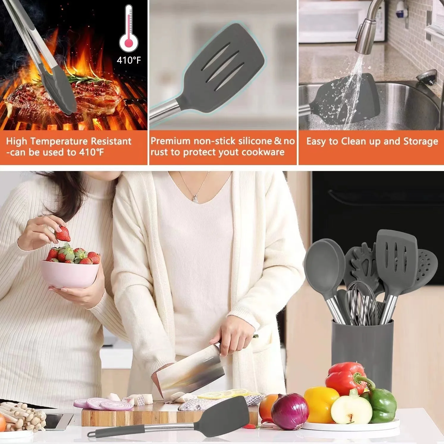 Wholesale Non Stick Kitchen Gadgets Silicone Kitchen Utensils with Skimmer Turner Spatula Kitchenware