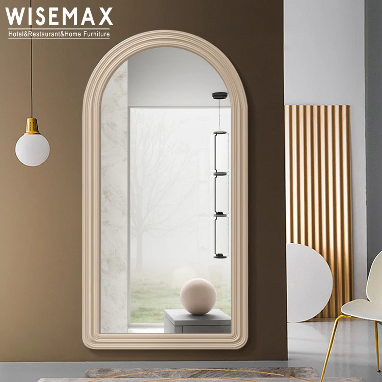 WISEMAX FURNITURE Modern home decor Cream wooden edge full length mirror Oval top right angle base floor mirror for living room