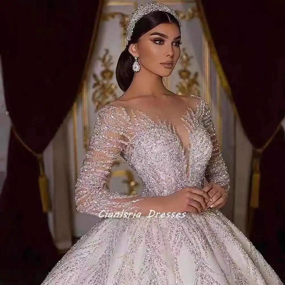 2023 Luxury wedding dresses Beaded Sequin ball gown long sleeves Bridal Wedding Dress Sexy Africa Bridal gowns Wedding Dresses