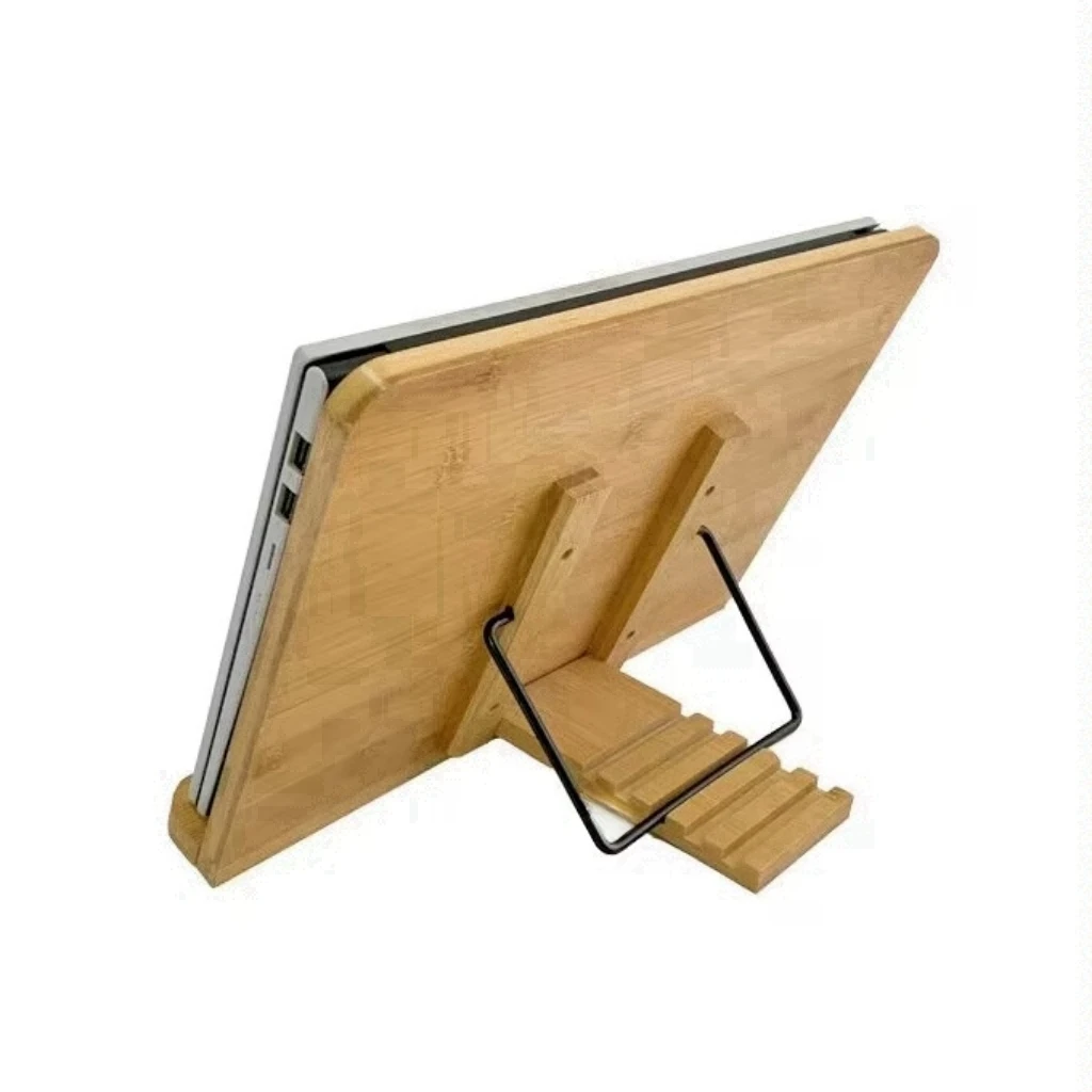 Addreen natural bamboo portable adjustable table book tray holder recipe book holder bamboo book stand  with Page Paper Clips