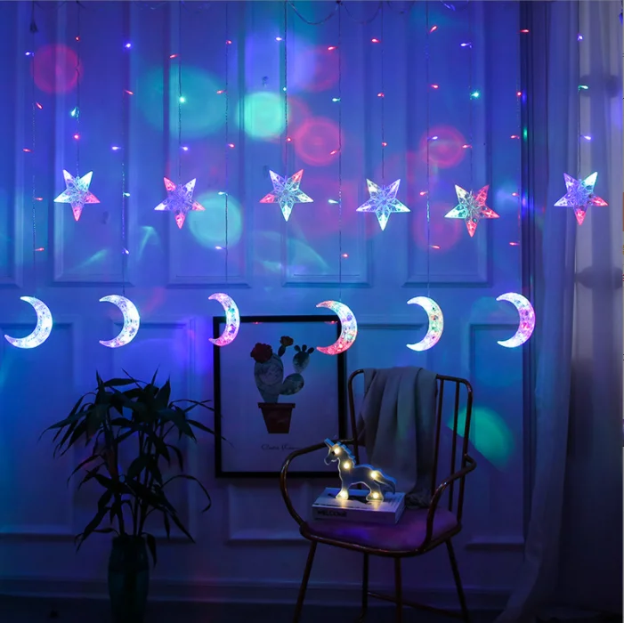Outdoor Garland Wall Window Crystal Star Moon Fairy Wedding Room Party String Lights Ramadan Decorative Led Curtain