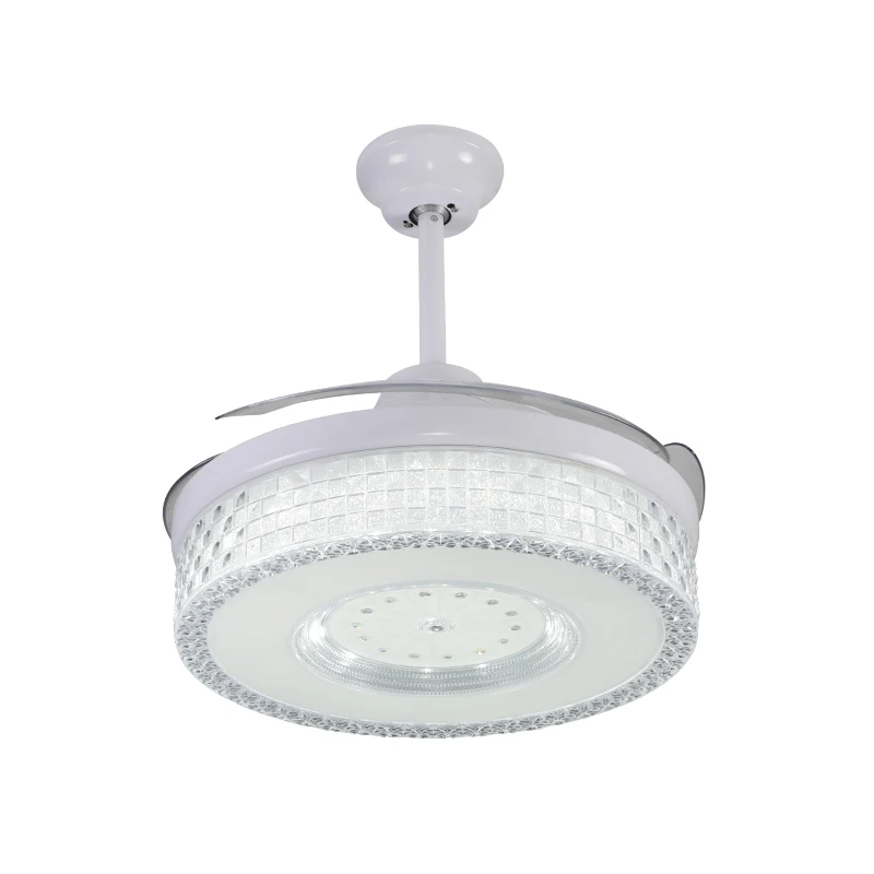 42 inch Dimmable LED Retractable Ceiling Fan with Light and Remote Invisible Crystal Chandelier Fan Light