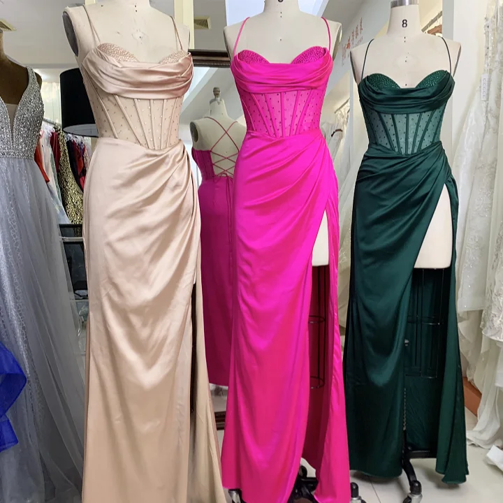 Hand pleated Hot pink Soft Drapes Square Neckline Corset Bodice Lace Up Back High Slit Rhinestones Bodice fitted Prom Dress