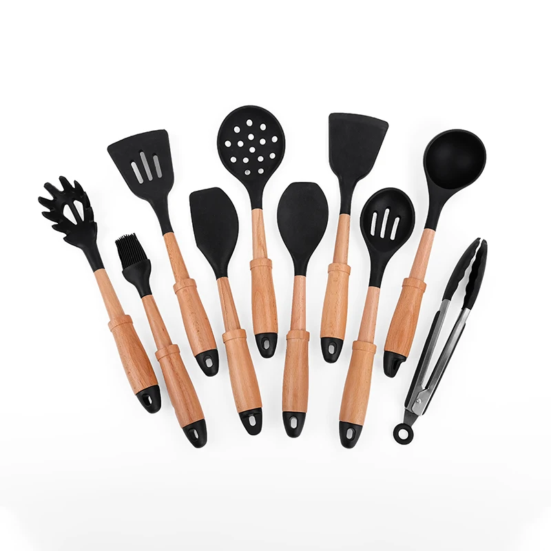 10Pcs Silicone Kitchen Utensil Set Kitchen Utensils Set Wooden Handles Heat Resistant BPA Free Non STICK
