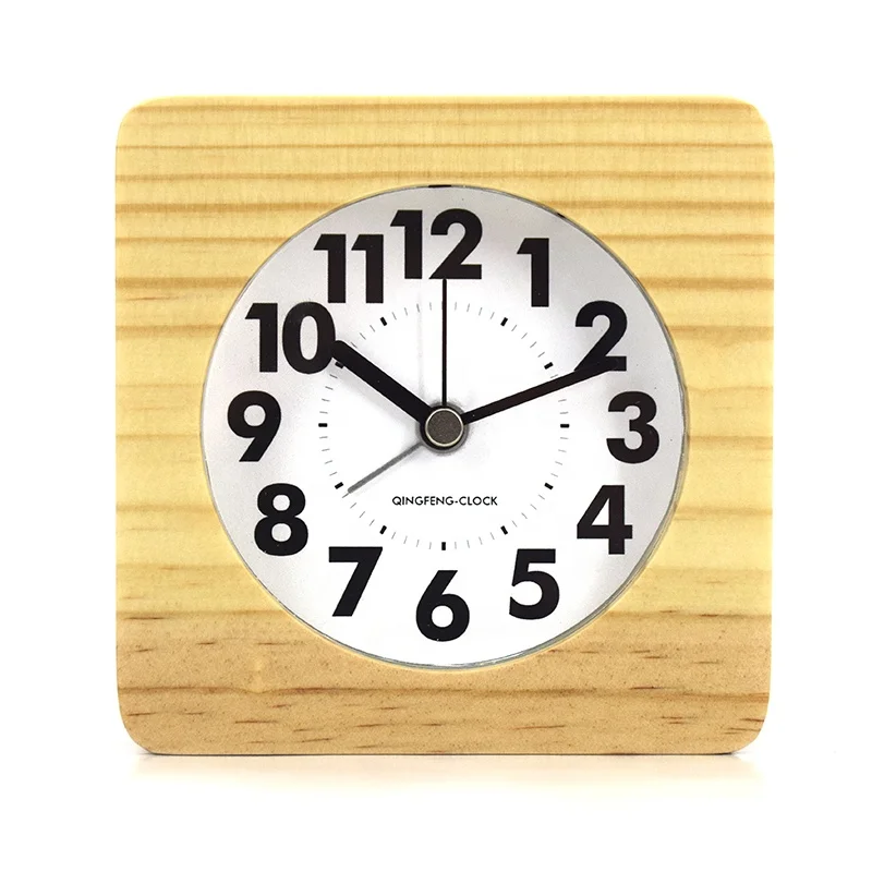 Small size mini solid wood frame quartz analog wooden square alarm clock for table desk decor