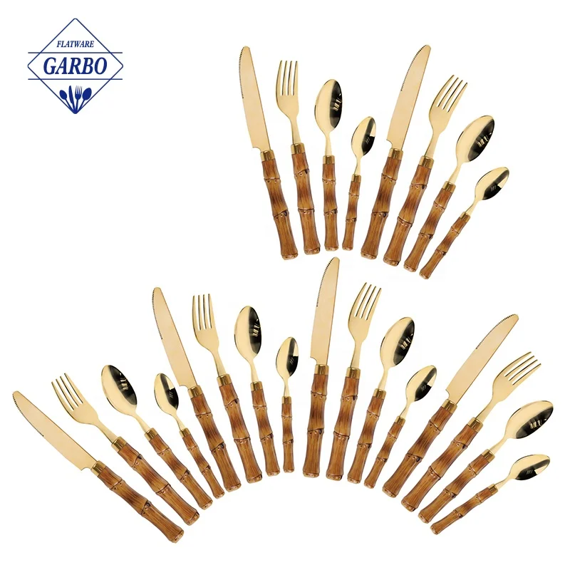 Bulk custom best selling dark bamboo plastic handle gold plated cutlery set 24 stainless steel flatware with divided wooden box