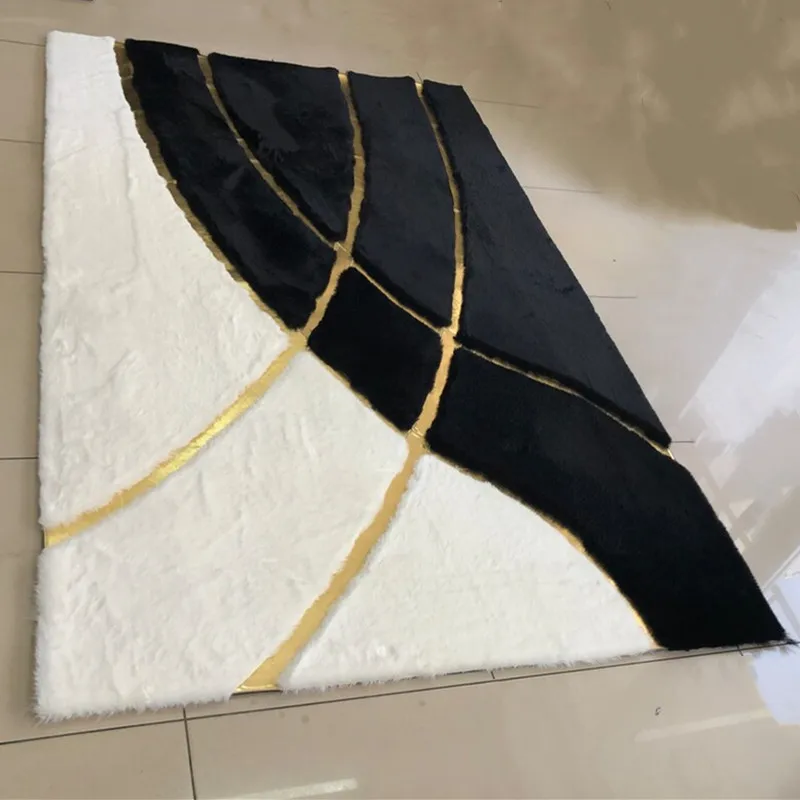 Home Decor Elegant Geometric Area Rug turkish Luxury Soft Shaggy runner rugs golden Plush Black Gold Faux Fur Large Floor Rug
