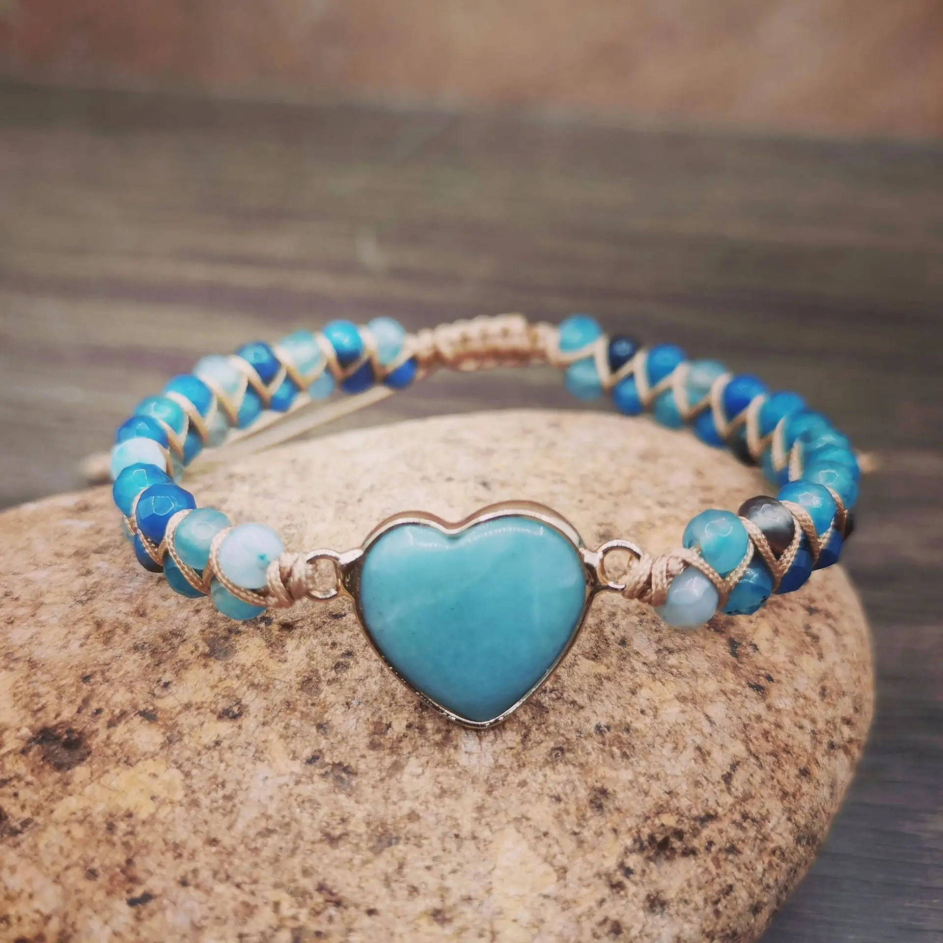 Natural Stone Heart Charm Bracelets String Braided Macrame Bracelets Jasper Friendship Wrap Bracelet Female Women Jewelry