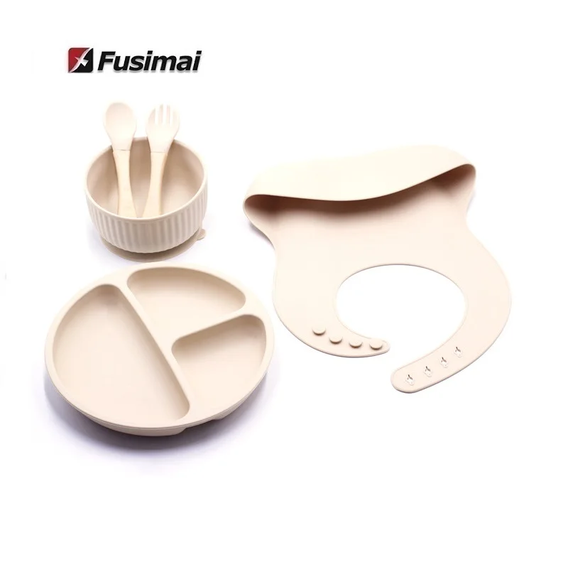 Силиконовые нагрудники Fusimai Plato De Silicona, новинка 2021, детские силиконовые нагрудники, набор полосатой чаши, ложки, вилки