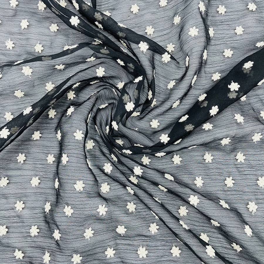 
black Chiffon crepe with white flower embroidery in good price For Women Lady Wear 