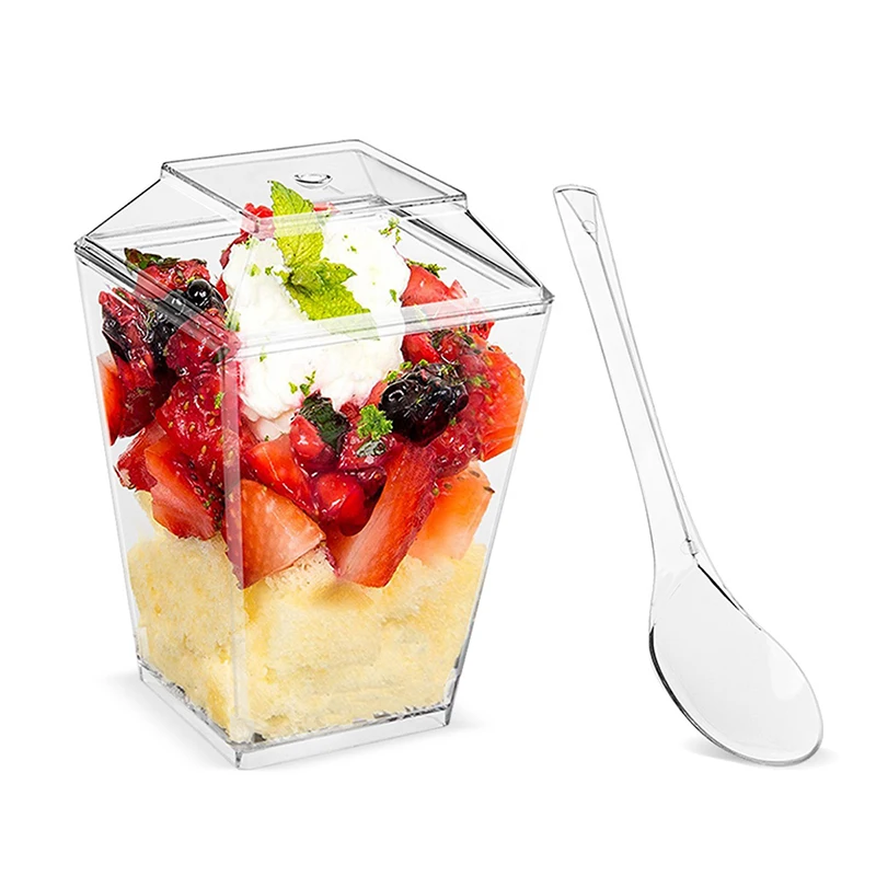 Homesun Hot Sale Low Price 5.5oz 160ml Clear Plastic Square Ice Cream Dessert Cups with Lids and Spoons