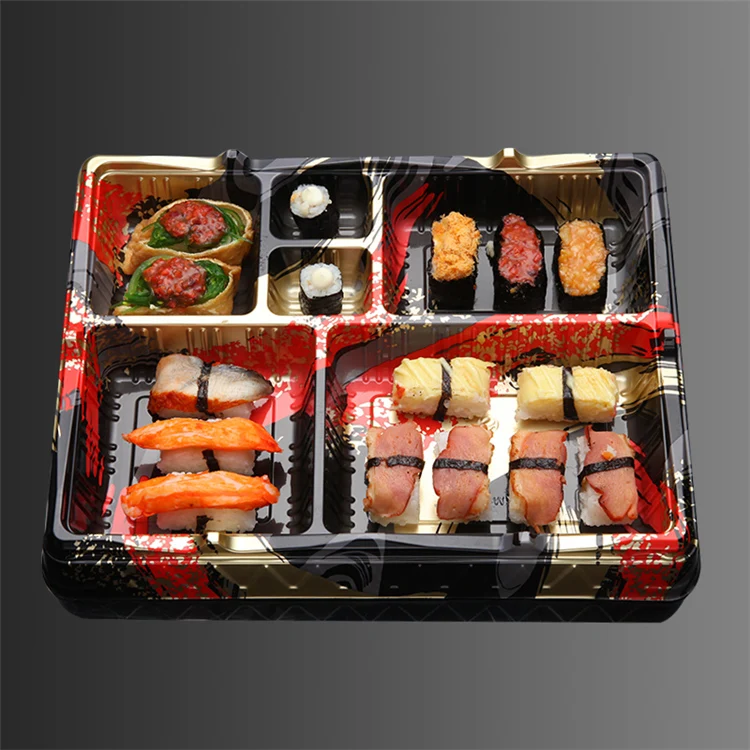 Custom Safe Disposable 6 Compartment PS Food Container Black Takeaway Food Sushi Packaging Box with Clear Lid