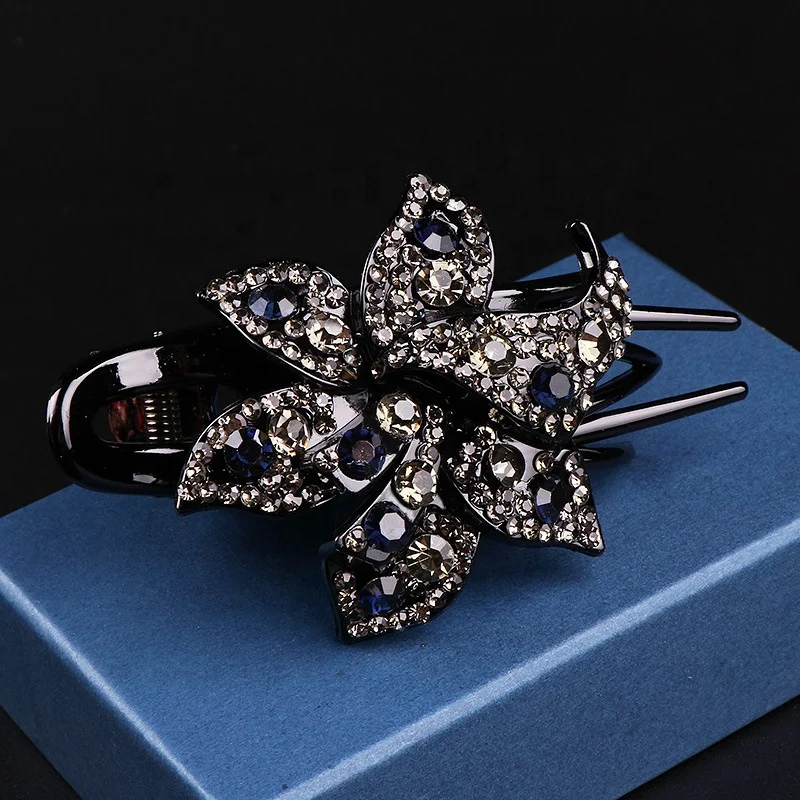 Hot selling black all match hair claw accessories elegant style colorful crystal Rhinestone spring banana hair clips for women