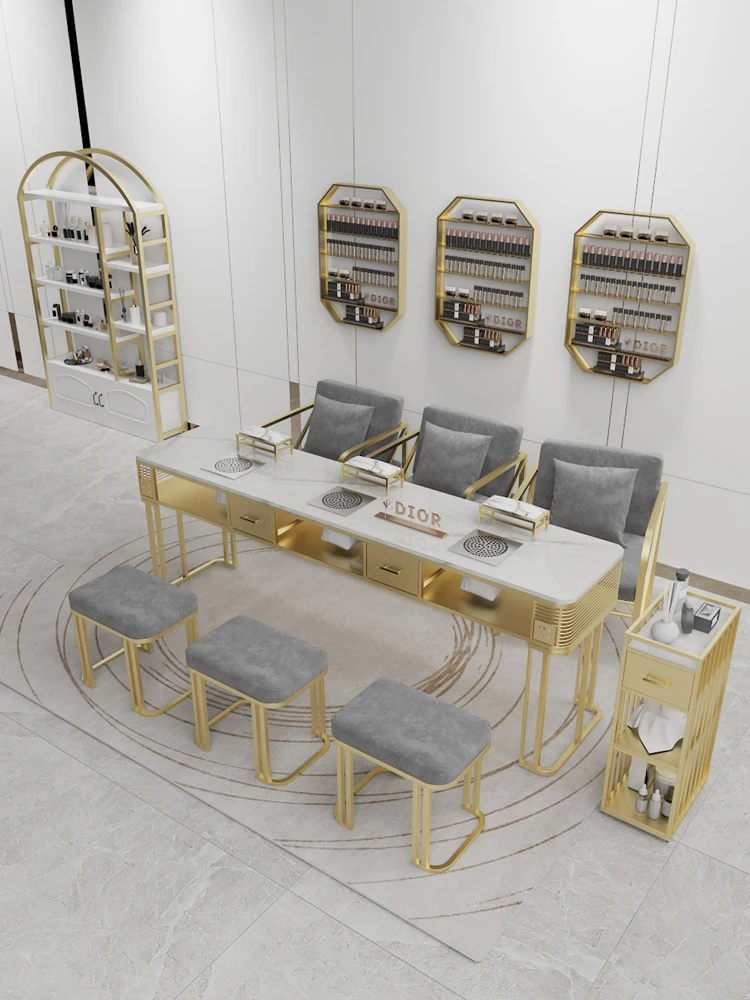 Modern Marble Manicure Table Furniture Luxury Desk Nail Bar Table With Dust Collector  With Storage