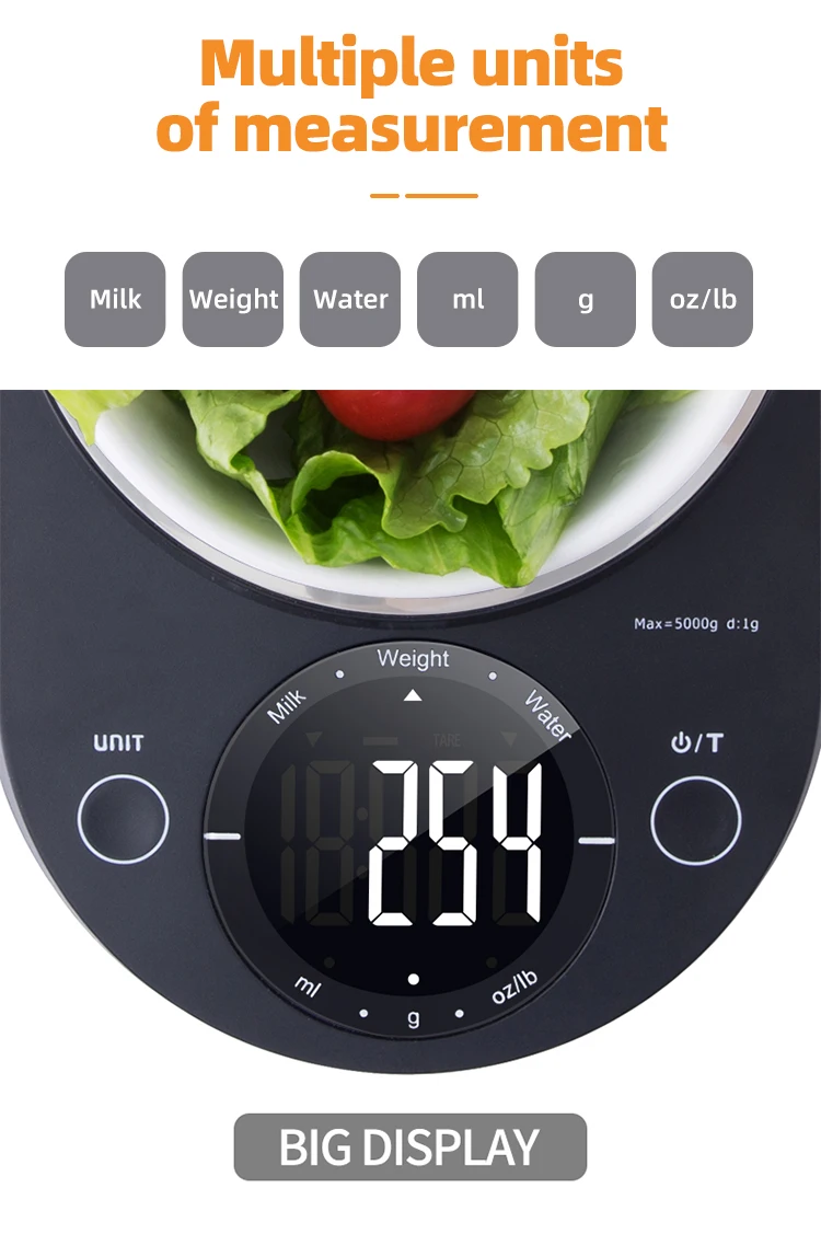 Round Shape LCD Digital Kitchen Scales 5 Kg 1 g Kitchen Food Weight Scale with Bowl