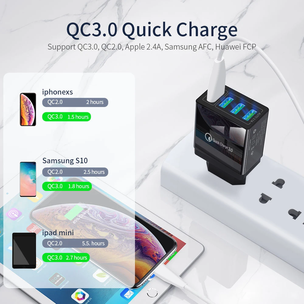 EU/US/UK Plug 3.1A 4 Port USB Wall Charger QC 3.0 Travel Charger Adapter