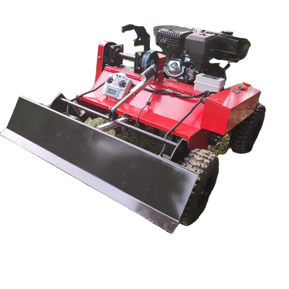 Garden wheeled flail intelligent remote control robot with bulldozer snow blade shoval 800mm gasoline zero-turn lawn mower