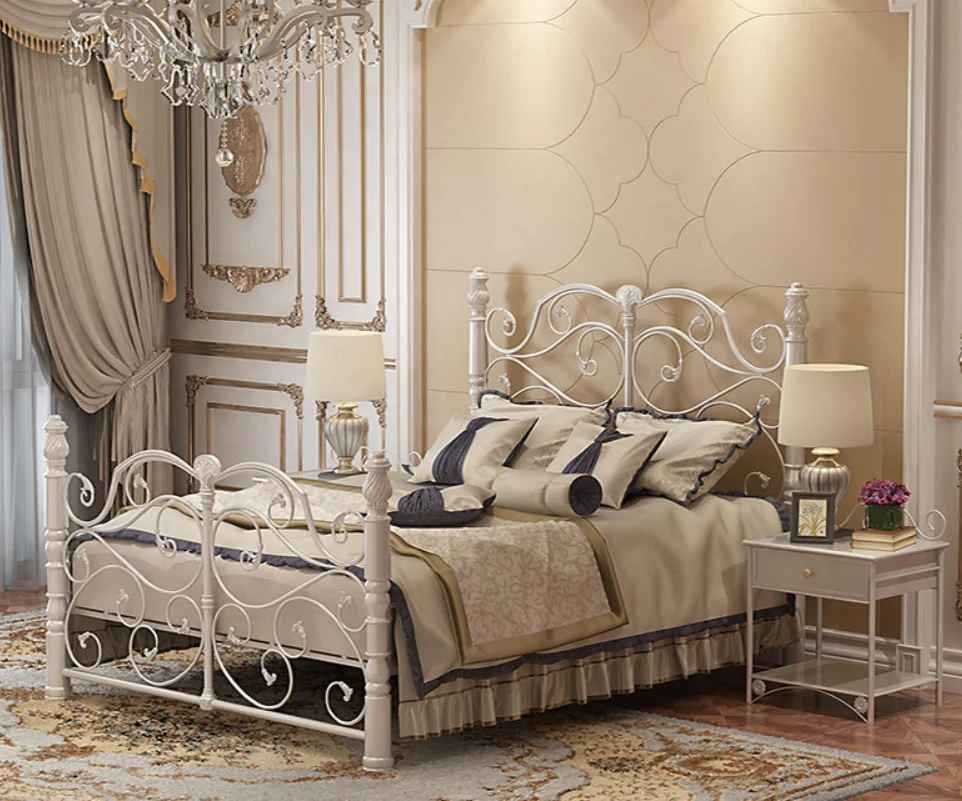 
2019 dijin Luxury Vintage Design European Style Wrought Metal Iron Bed Antique Brushed Gold King Size 
